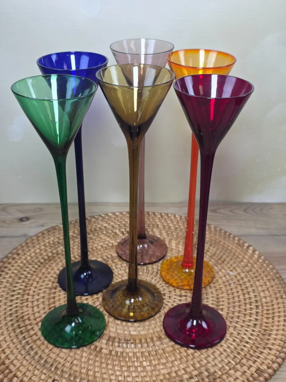 Vtg Multi Color Blown Glass Trumpet Cordial Glasses Set 6 Elongated Stem MCM